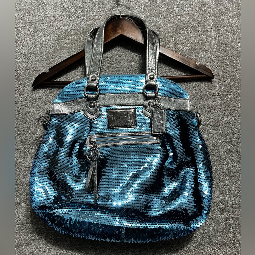 Limited Edition Coach Poppy Sequin Bag Turquoise Silver Strap Rare Purse